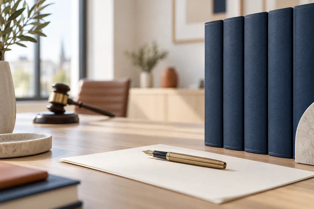 Juristische Fachbücher und Füller auf dem Schreibtisch einer Kanzlei
