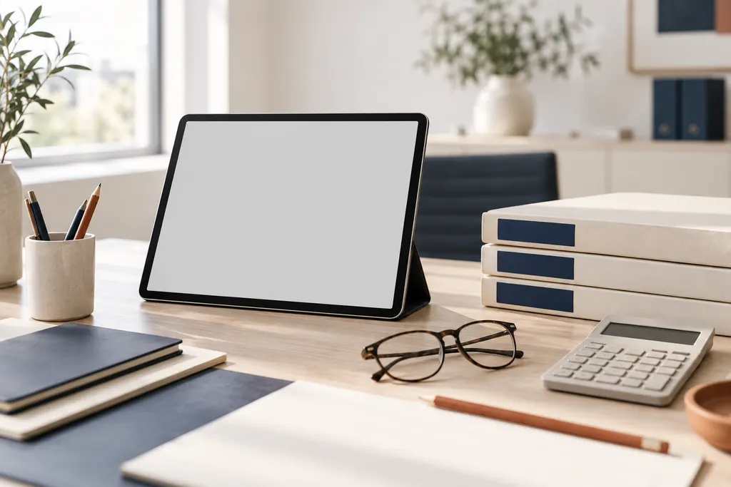 Aufgeräumter Schreibtisch einer Steuerkanzlei mit Tablet und Ordnern