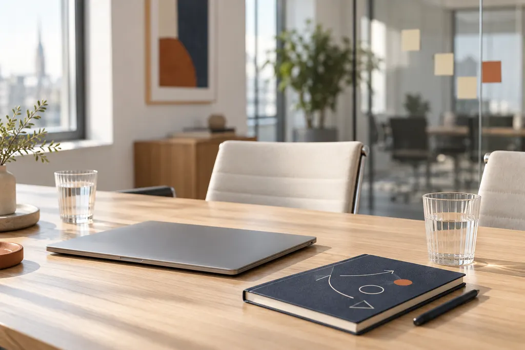 Besprechungstisch mit Notizbuch und Laptop in einem hellen Büro