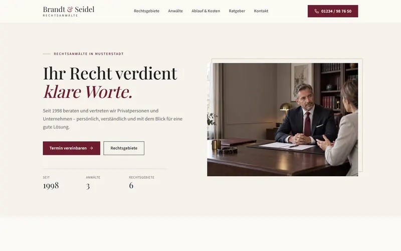Startseite der Website Brandt & Seidel Rechtsanwälte am Desktop